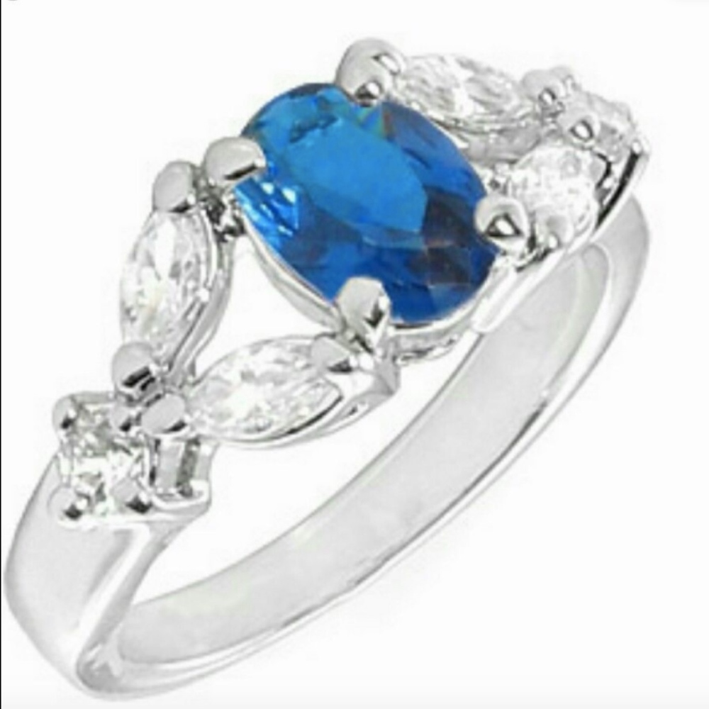 Silver Blue Cocktail  Birthstone Ring  Sizes 5  6 7 10 Cubic Zirconia  April *
